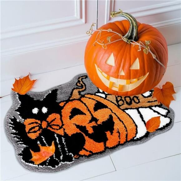 Halloween Bath Rug Ghost Pumpkin Black Cat Non Slip Tufted Bathroom Floor Mat - Picture 6 of 7